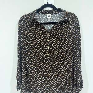 Anne Klein Polka Dot Print V-Neck 3/4 Sleeve Faux-Wrap Top